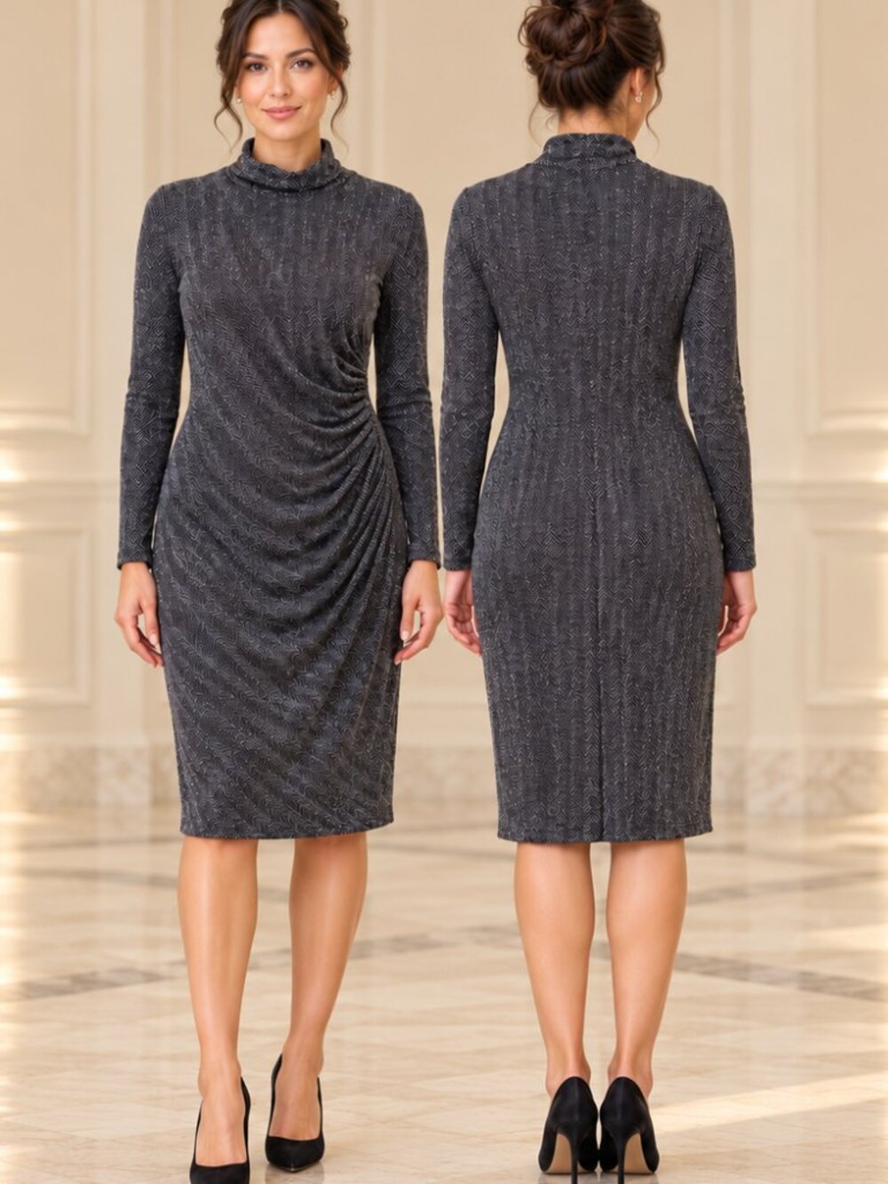 Lauren Ralph Lauren Black Silver Herringbone Ruched Mock Neck Dress 14